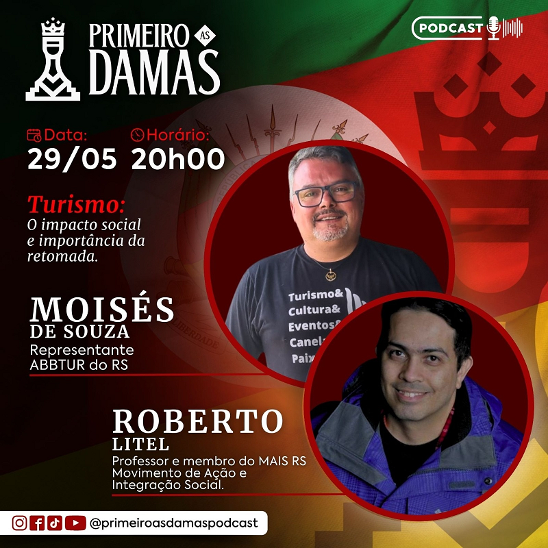 Card de divulgação do Podcast Primeiro as Damas com Moisés de Souza, membro da executiva estadual da ABBTUR-RS e Roberto Litel, presidente da ONG MAIS RS